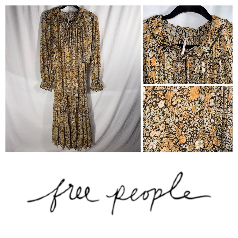 Free People Brown Gold Sundress with Bishop‎ Sleeves ~C1